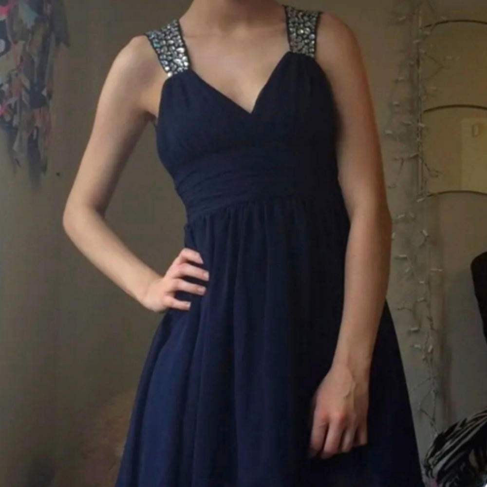 B. Smart Formal Navy Blue Dress with Rhinestone Straps